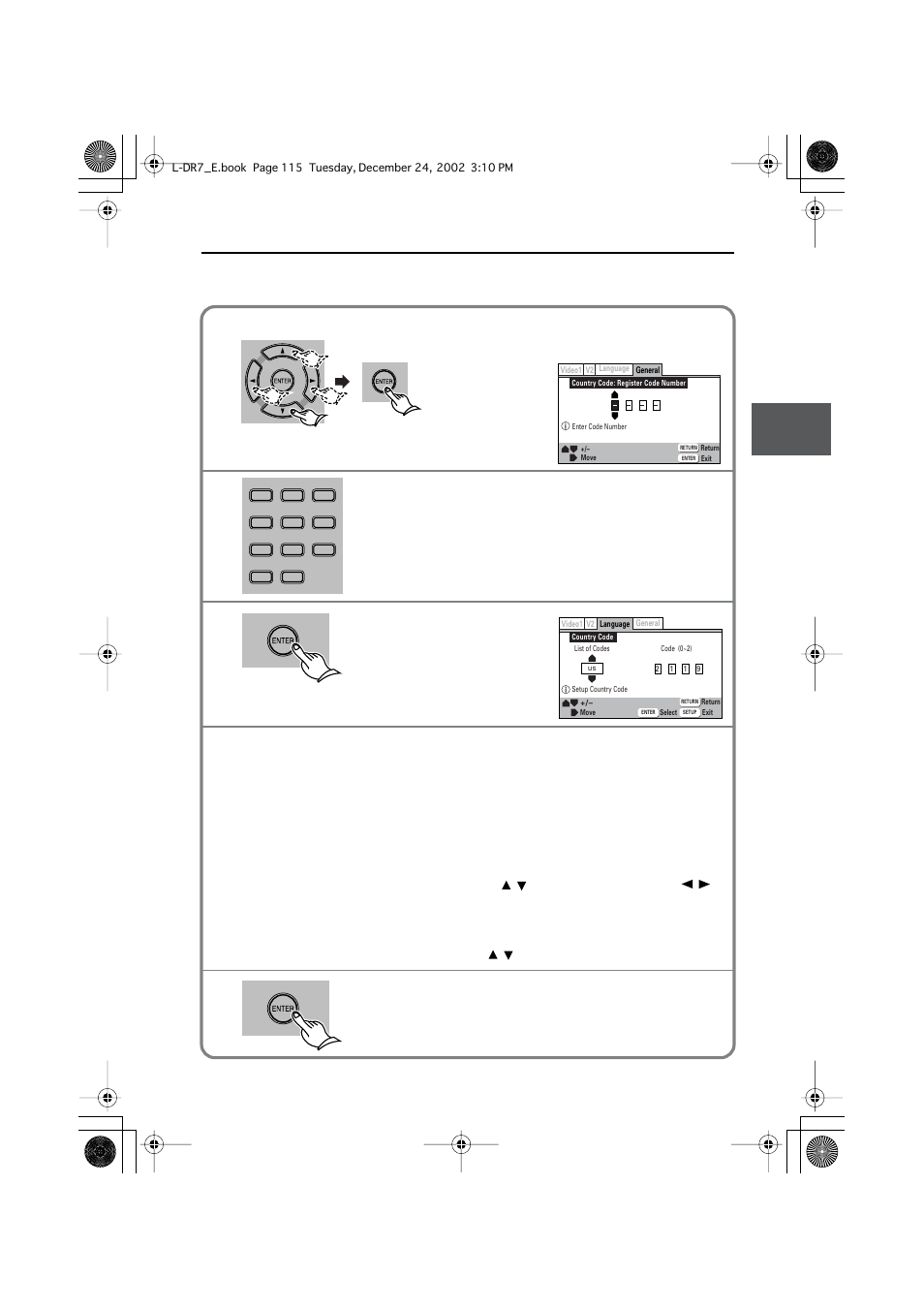 Setting the country code, Customizing the function settings, Enter your 4-digit password. press enter | Select [list of codes] or [code, Press enter | Onkyo L-DR7 User Manual | Page 115 / 128