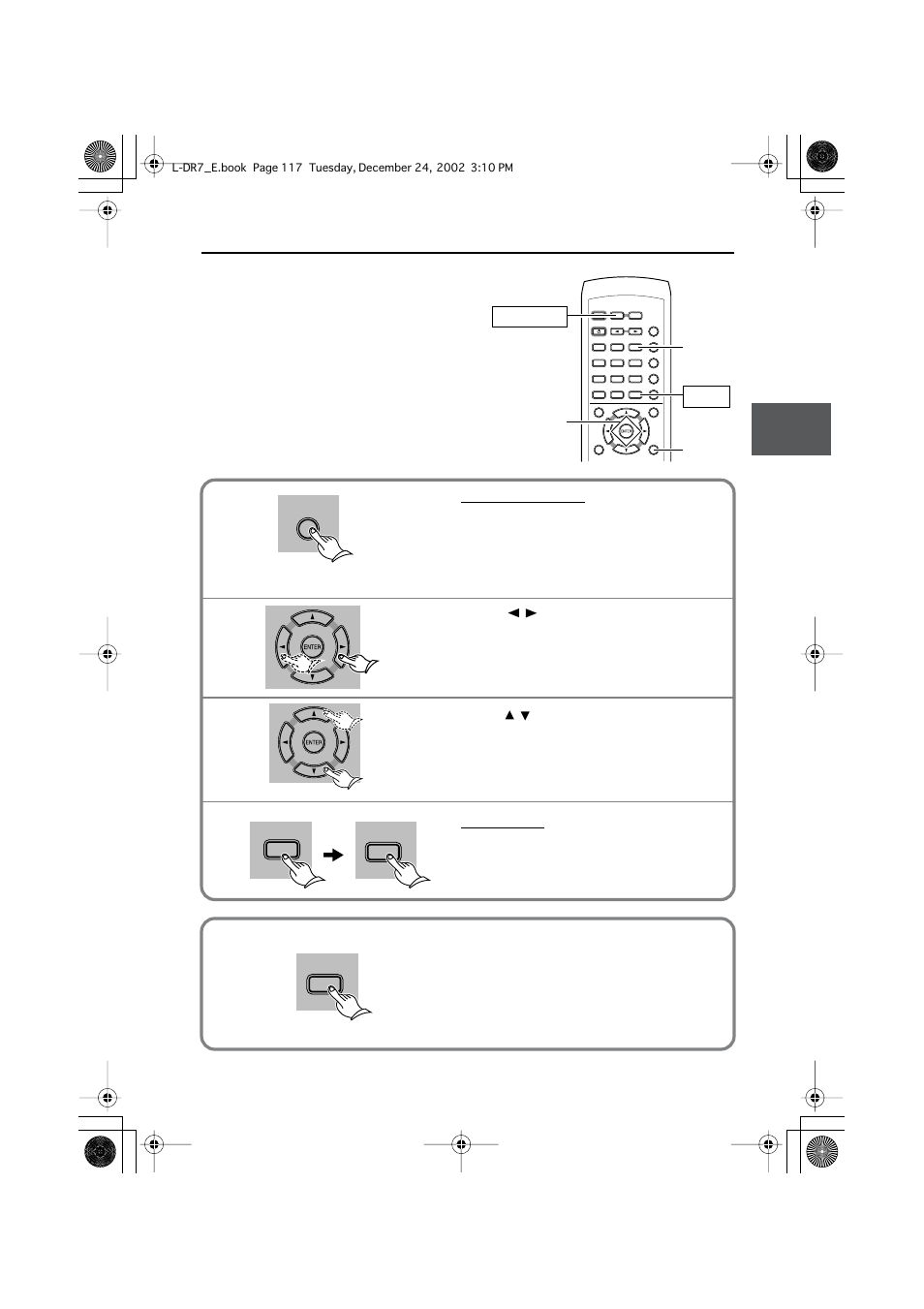 Memorizing the settings (function memory), Memorizing the settings, Function memory) | Customizing the function settings, Press receiver, then press dvd setup, Press shift, then press func.m within 10 seconds, Press func.m again, Receiver shift, The unit displays the setup window | Onkyo L-DR7 User Manual | Page 117 / 128