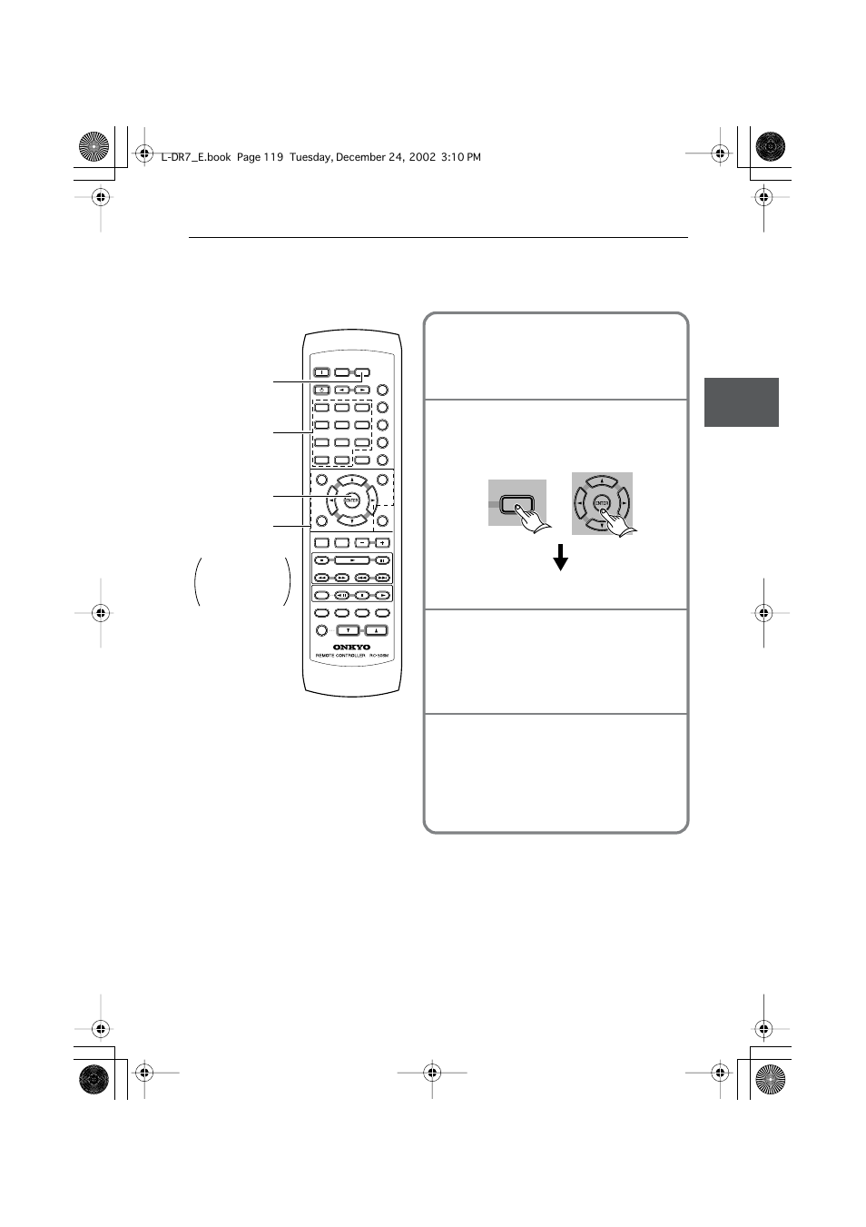 Operating the tv from remote controller, Programming a tv remote control code, Operating the tv from remote | Controller, Enter the three-digit remote control code, Release the buttons | Onkyo L-DR7 User Manual | Page 119 / 128