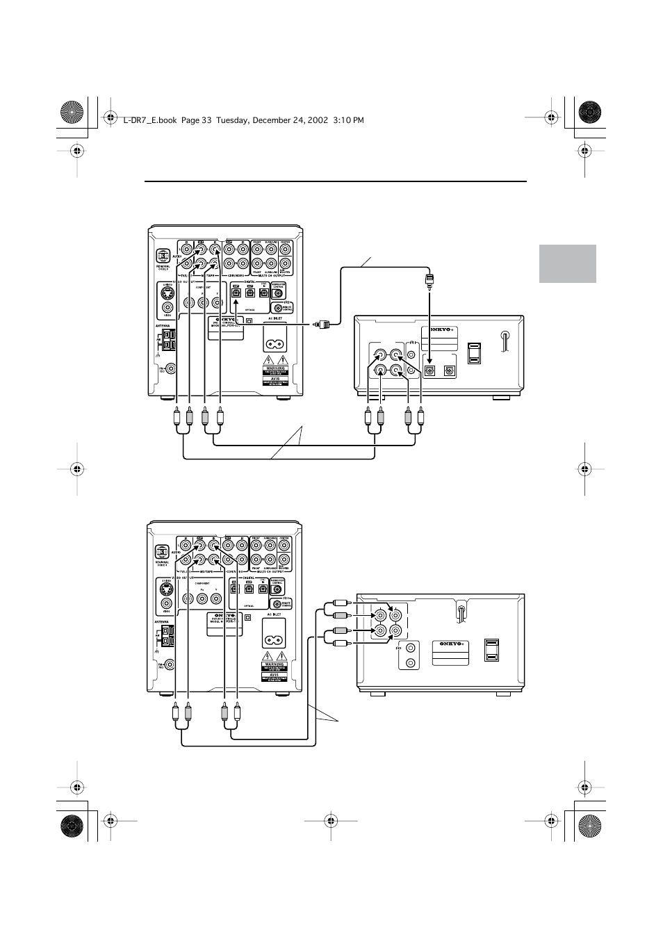 Connecting the pdr-155 to an md recorder (md-101a), Connecting the pdr-155 to a tape deck (k-501a), Connections | Onkyo L-DR7 User Manual | Page 33 / 128