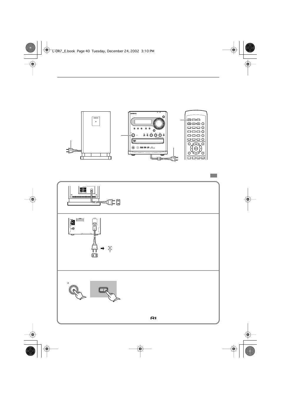 Turning on the pdr-155, Power powered subwoofer, Plug the subwoofer (swa-155x) into an ac outlet | Pdr-155 | Onkyo L-DR7 User Manual | Page 40 / 128