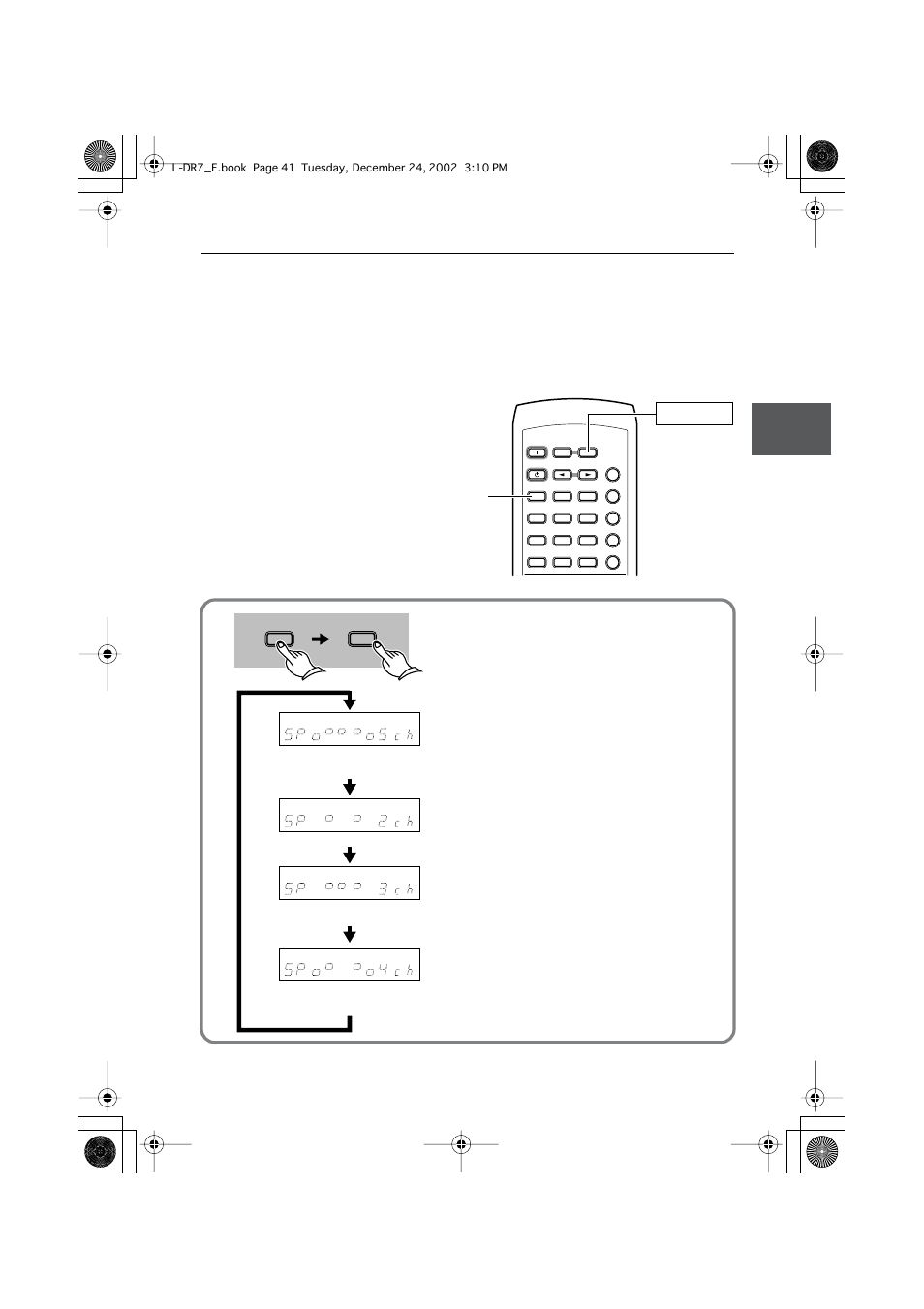 Selecting the number of speaker channels, Selecting the number of, Speaker channels | Sp setup tv/setup, 2 ch 5 ch 3 ch 4 ch | Onkyo L-DR7 User Manual | Page 41 / 128