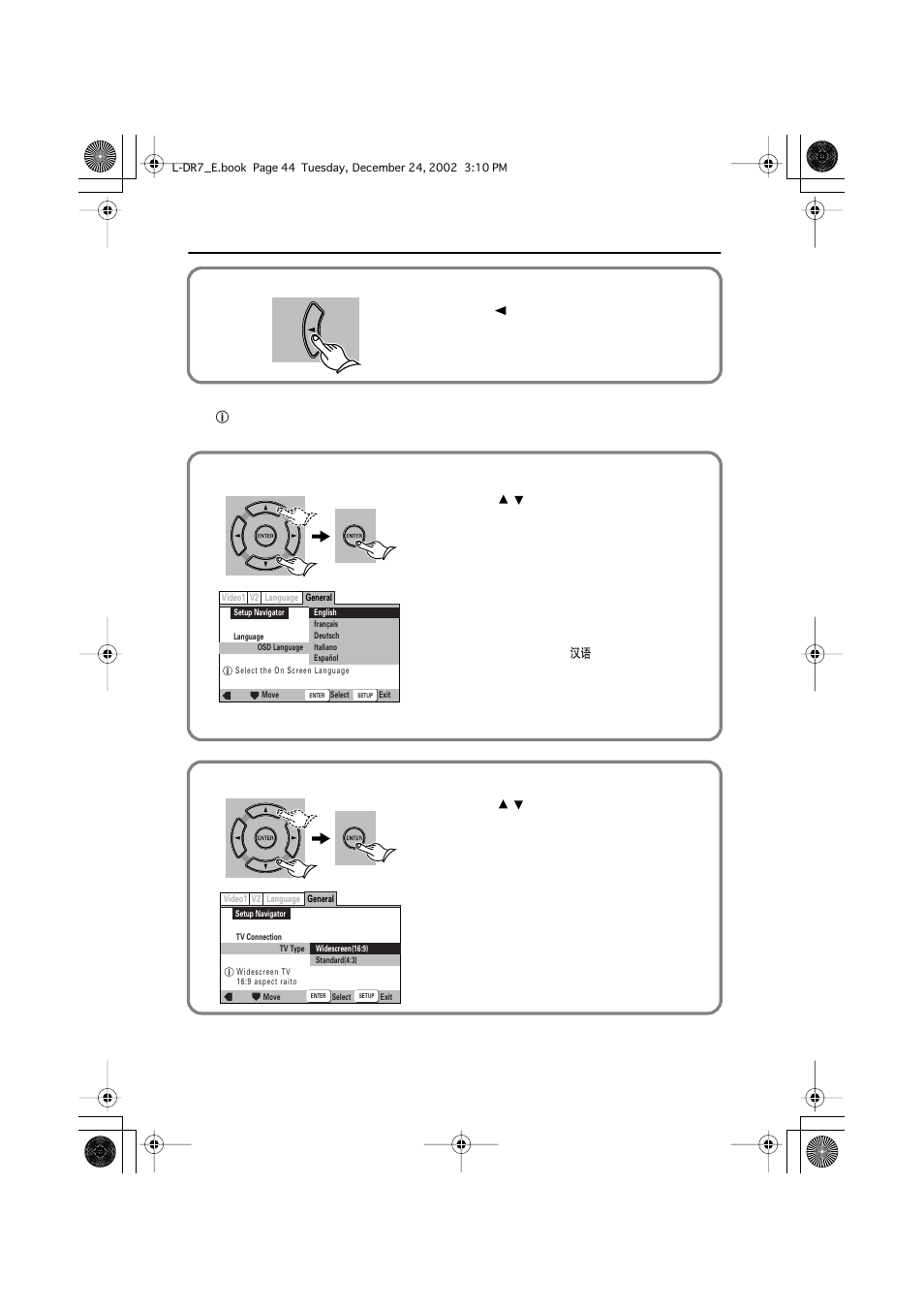 Using setup navigator, Press, Press to select the language, then press enter | Press to select the size, then press enter | Onkyo L-DR7 User Manual | Page 44 / 128