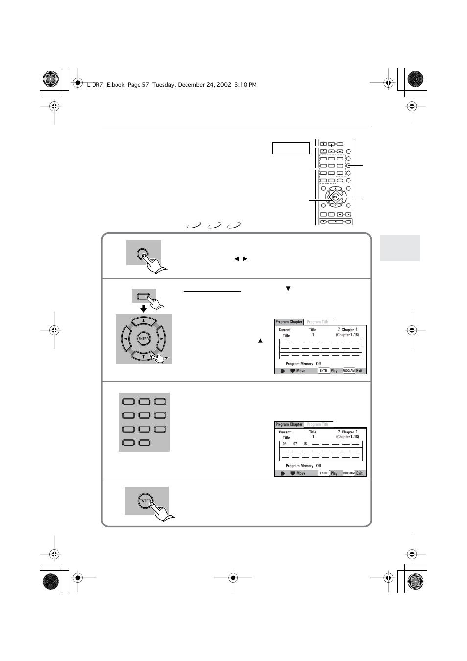 Playback alternatives, Program playback, Playback alternatives — program playback | Press program, Press receiver, then press, Press enter to start program playback, Receiver | Onkyo L-DR7 User Manual | Page 57 / 128