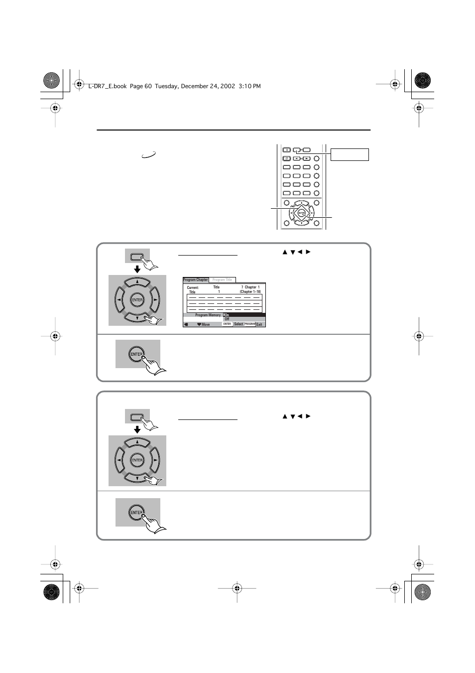 Saving a program in memory (program memory), Playback alternatives — program playback, Receiver | The item numbers remain in the program field box, Example: dvd program window | Onkyo L-DR7 User Manual | Page 60 / 128