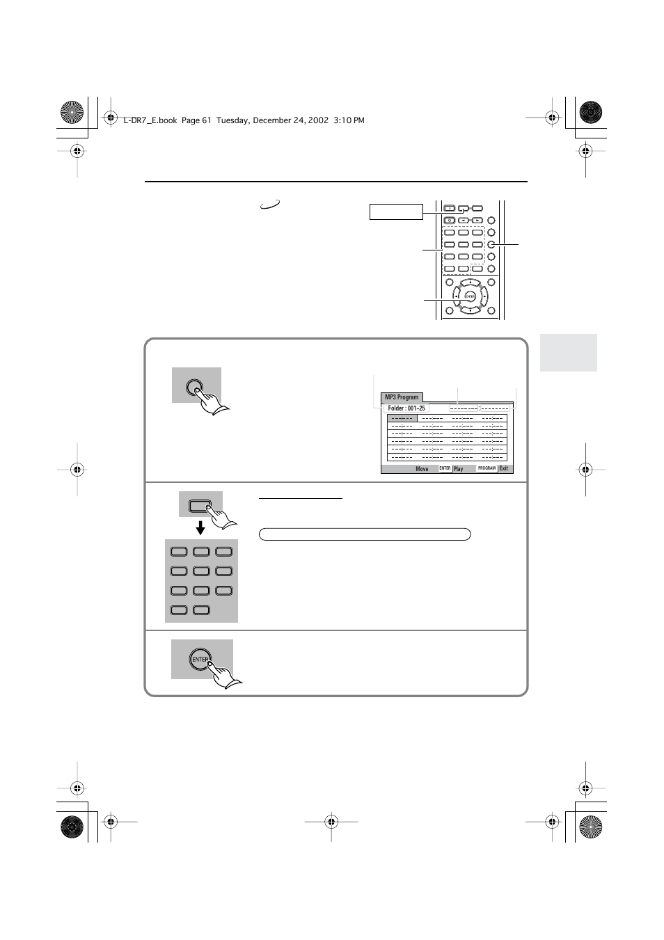 Programming mp3s, Playback alternatives — program playback, Press program to display the mp3 program window | Press enter, Receiver, Track name folder name total number of folders | Onkyo L-DR7 User Manual | Page 61 / 128