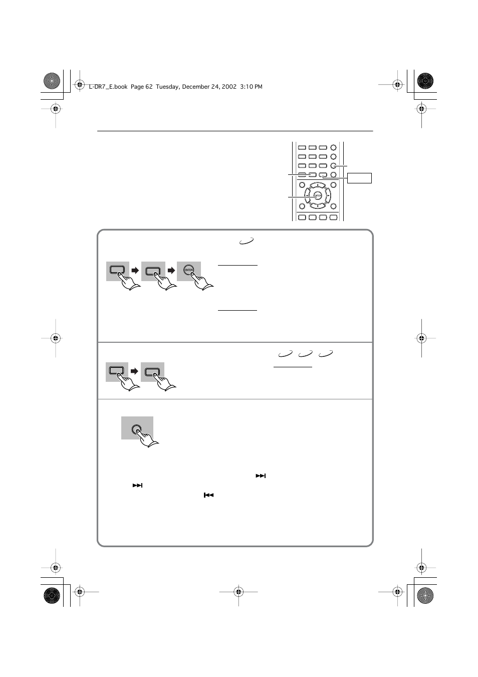 Playback alternatives, Random playback, Playing titles in random order | Playback alternatives — random playback, Playing dvd chapters in random order, Playing cds, video cds, or mp3s in random order, Resuming normal playback, Clear shift random enter | Onkyo L-DR7 User Manual | Page 62 / 128