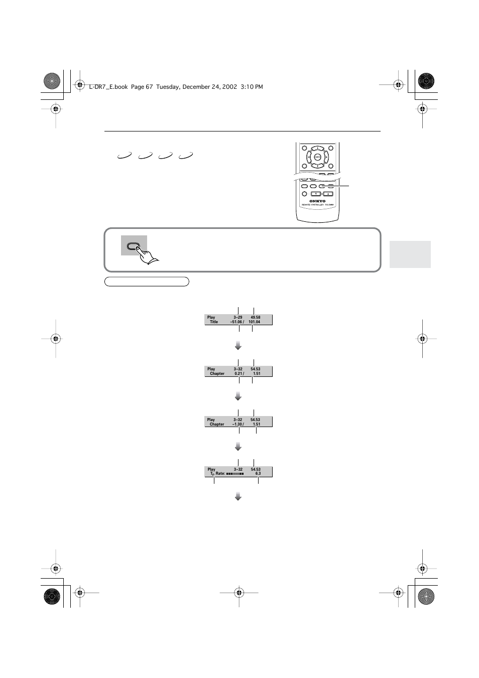 Viewing disc information, Viewing disc information during playback, During playback, press display repeatedly | Display | Onkyo L-DR7 User Manual | Page 67 / 128