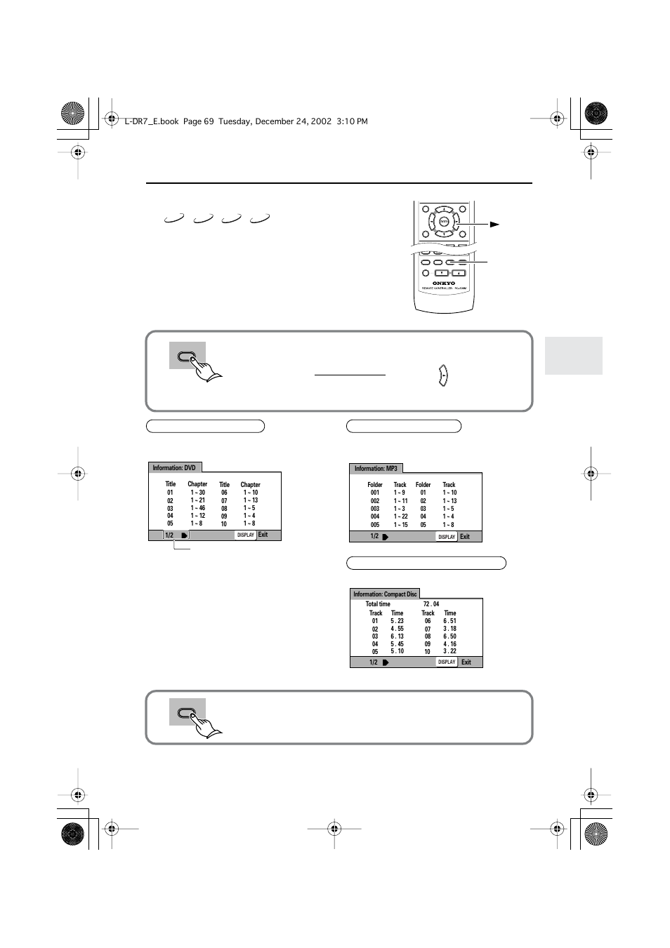 Viewing disc information while the unit is stopped, Viewing disc information, Closing the disc’s information window | Display, Press display again | Onkyo L-DR7 User Manual | Page 69 / 128