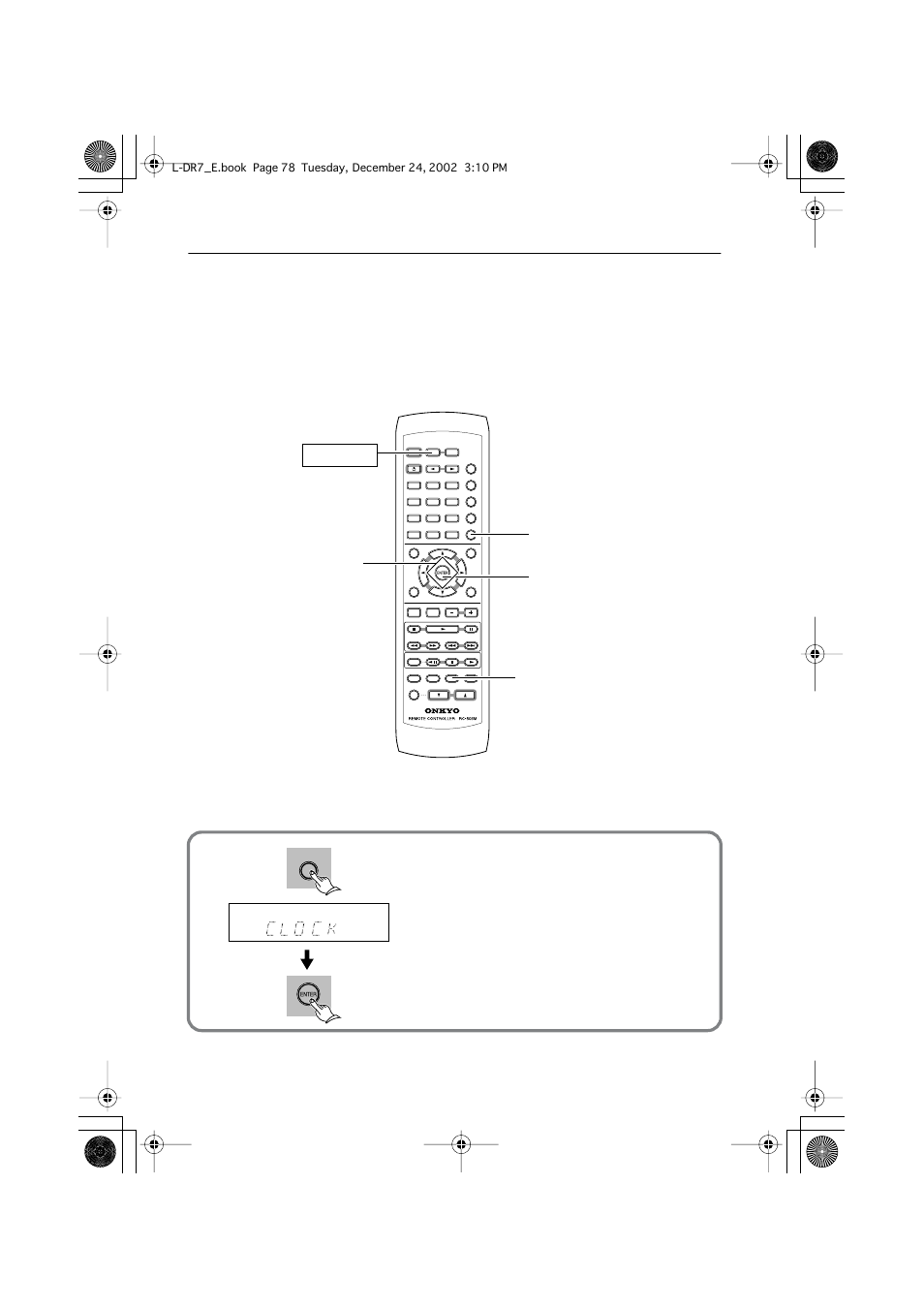 Setting the day and time, Setting the clock, Caution | Receiver display, When “clock” appears, press enter | Onkyo L-DR7 User Manual | Page 78 / 128