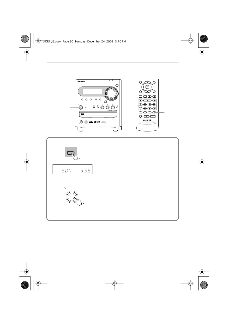 Displaying the clock, Displaying the current time, Clock standby/on | Onkyo L-DR7 User Manual | Page 80 / 128