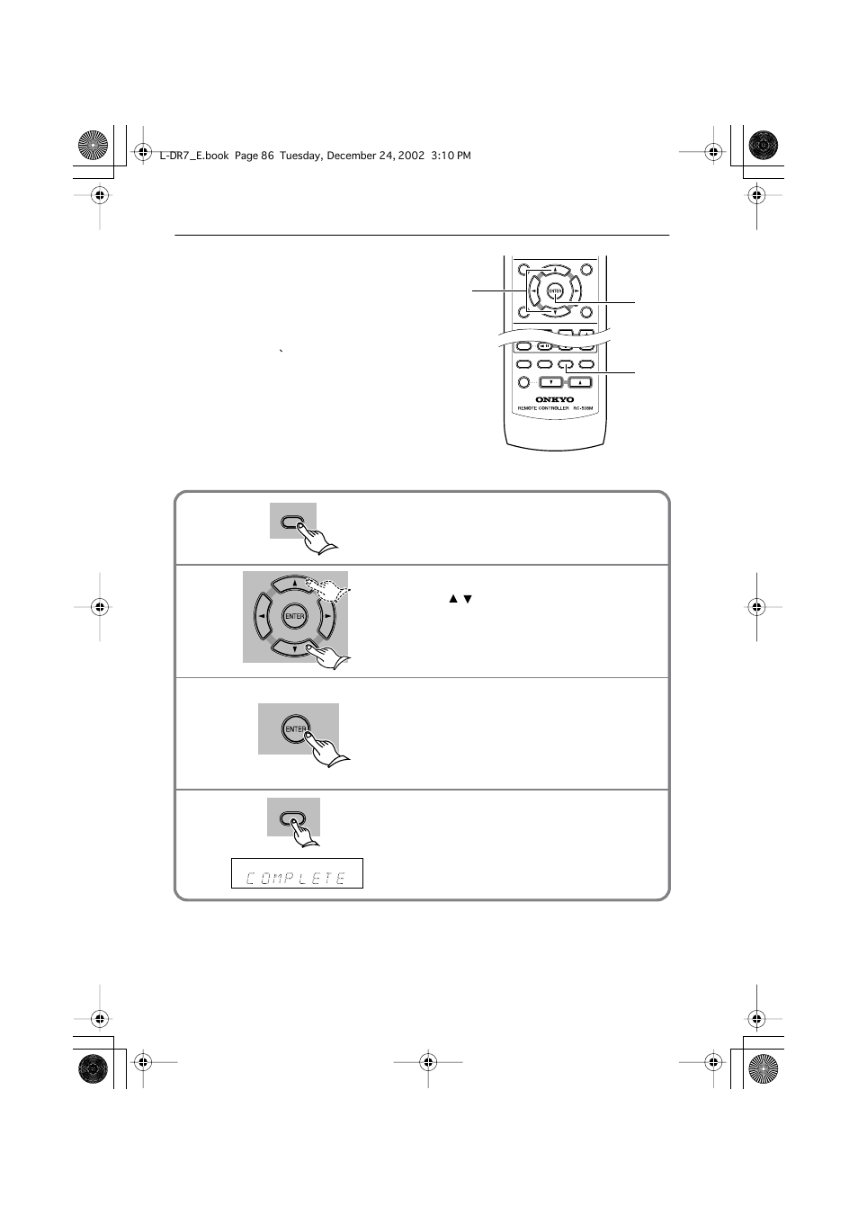 Entering characters, Naming the preset stations, Press enter to enter the character | Onkyo L-DR7 User Manual | Page 86 / 128