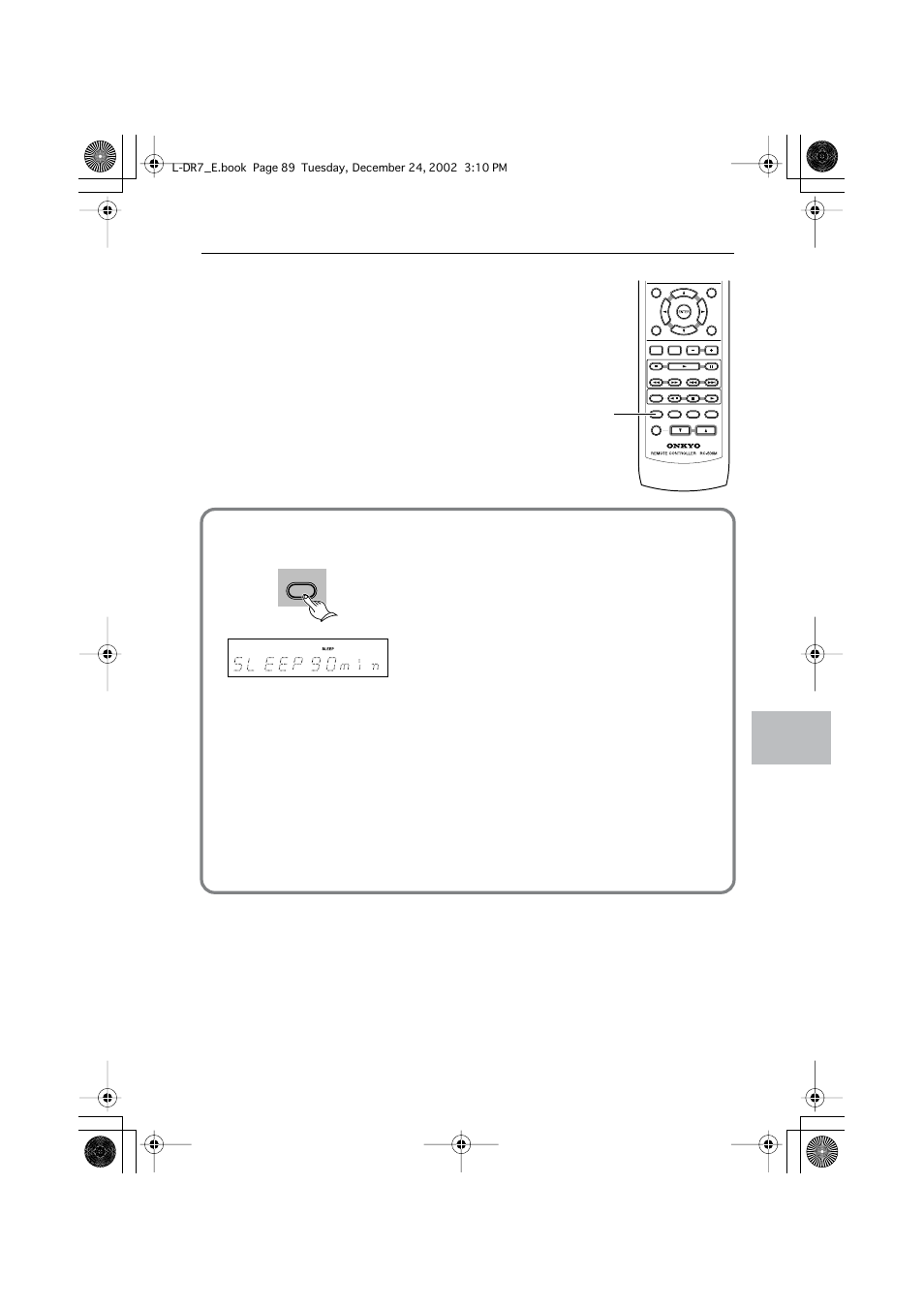 Using the timer functions, Using sleep timer, Checking the remaining time | Canceling sleep timer, Sleep | Onkyo L-DR7 User Manual | Page 89 / 128