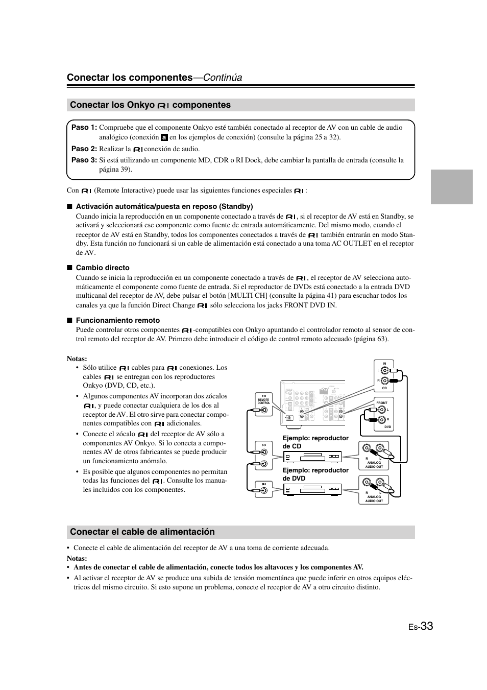 Conectar los onkyo componentes, Conectar el cable de alimentación, Conectar los onkyo | Conectar los componentes —continúa, Ycb/pb cr/pr, Pre out sub woofer | Onkyo TX-SR505E User Manual | Page 101 / 140