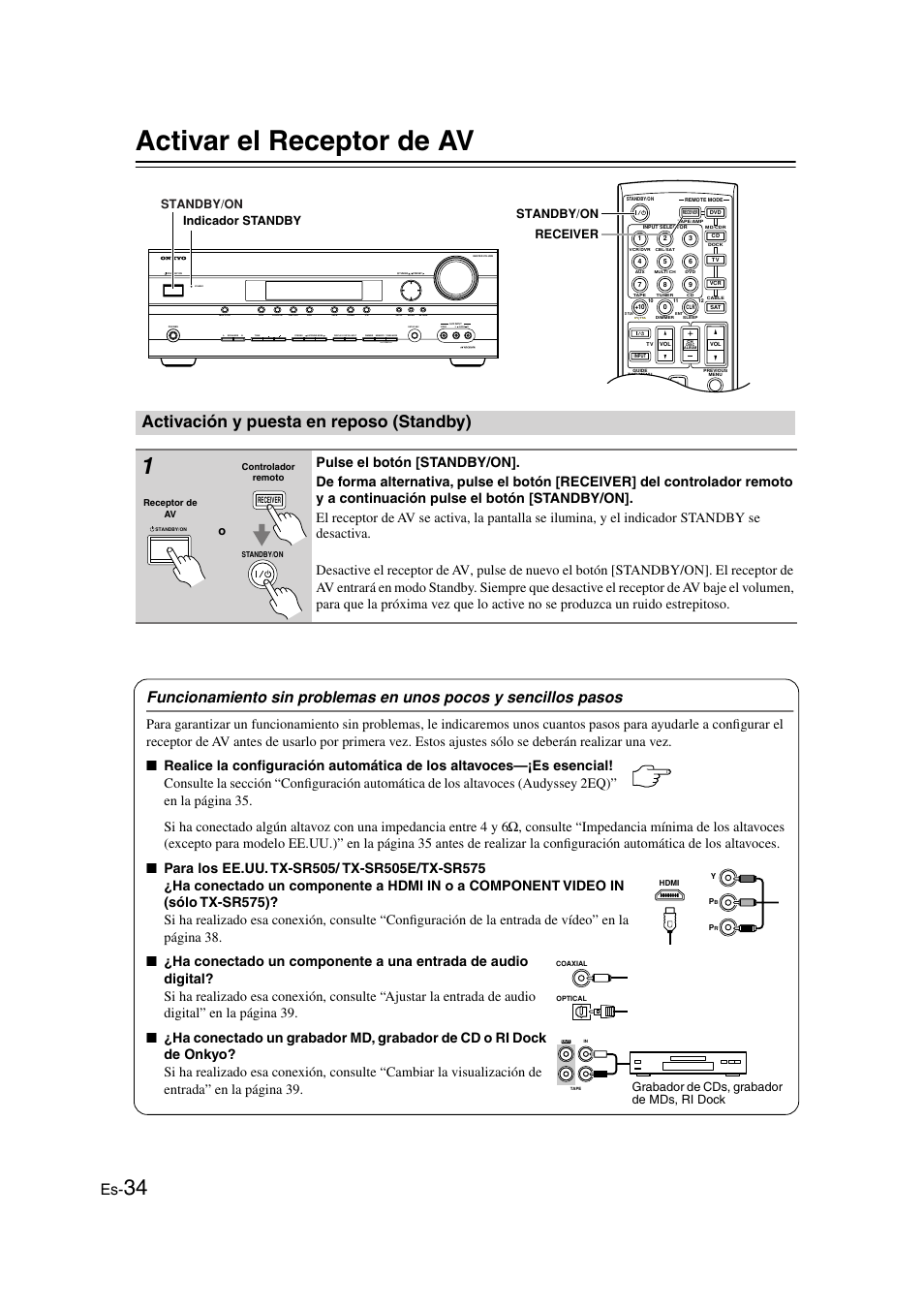 Activar el receptor de av, Activación y puesta en reposo (standby), Activar el equipo | Primera configuración .........es-34, Andby/on (34), Andby (34), Clear, Standby/on, Receiver standby/on indicador standby, Grabador de cds, grabador de mds, ri dock | Onkyo TX-SR505E User Manual | Page 102 / 140