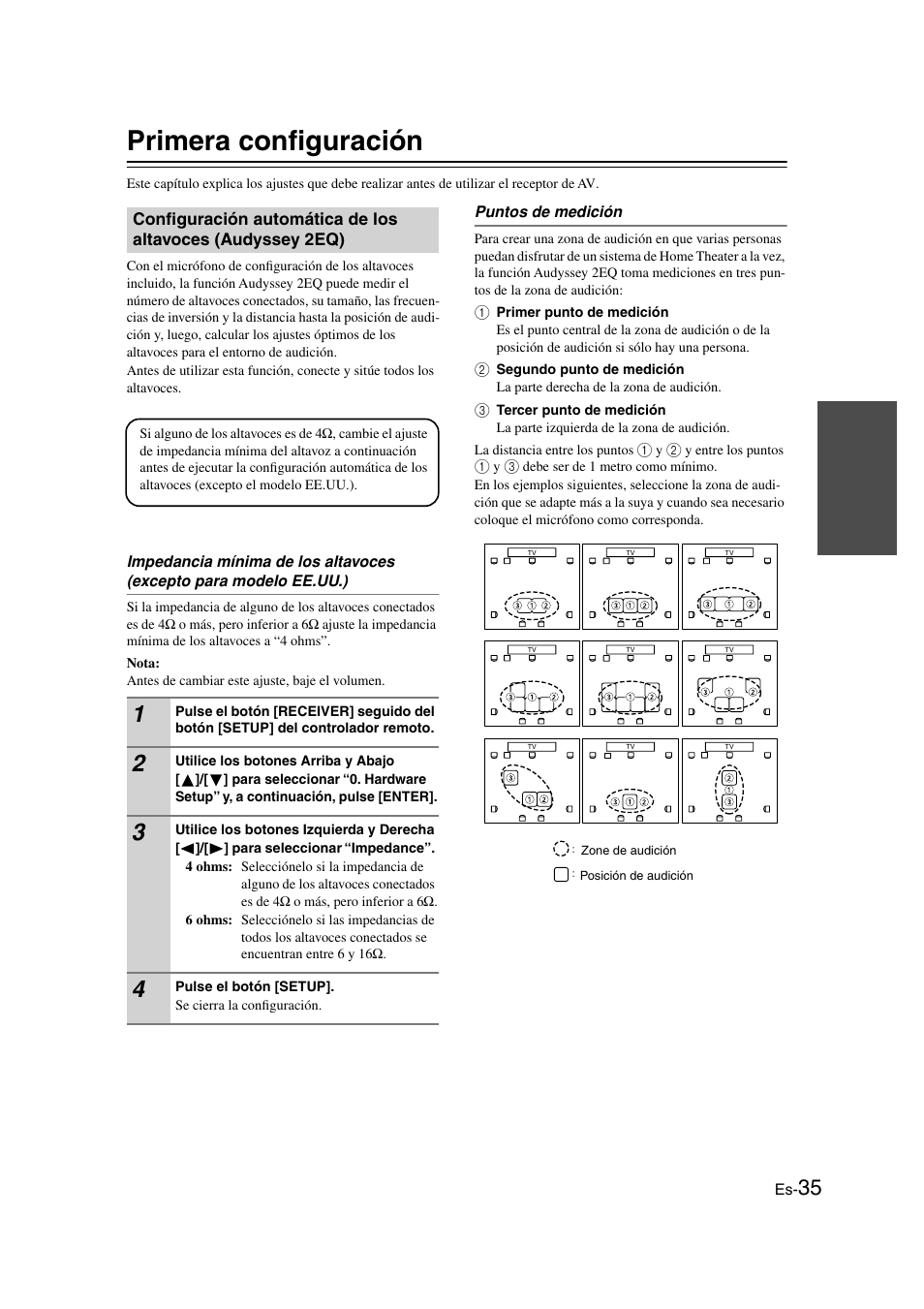 Primera configuración, Configuración automática de los altavoces, Audyssey 2eq) | Y (35) | Onkyo TX-SR505E User Manual | Page 103 / 140