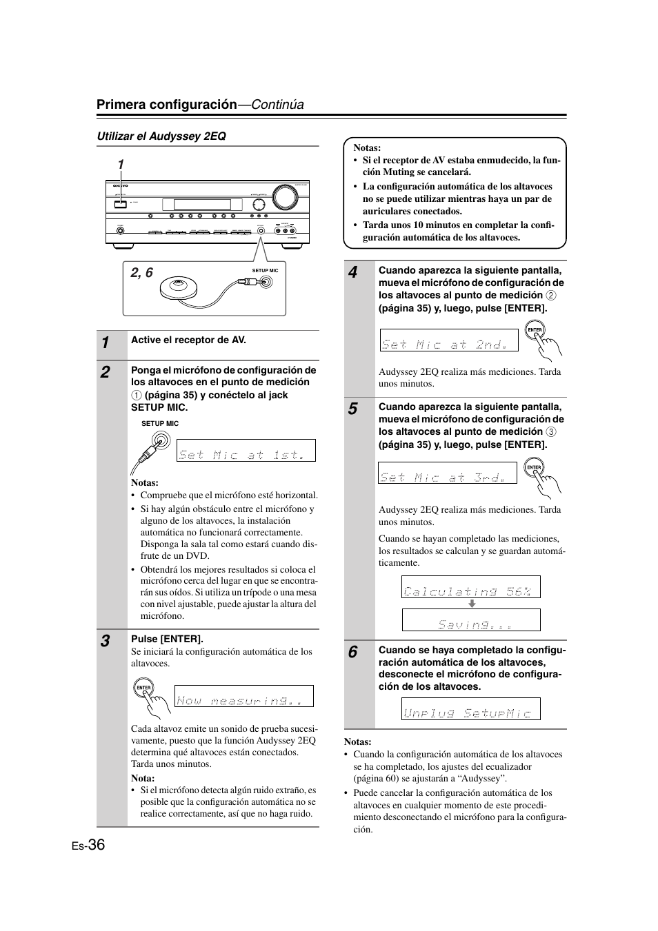 Setup mic (36), Primera configuración —continúa | Onkyo TX-SR505E User Manual | Page 104 / 140