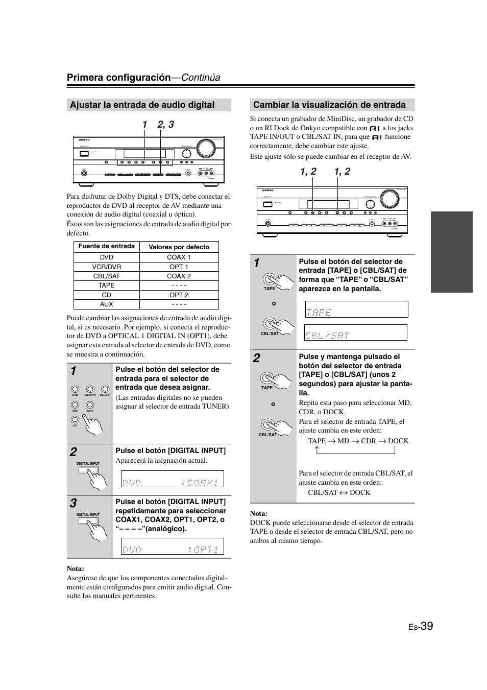 Ajustar la entrada de audio digital, Cambiar la visualización de entrada, Al input (39 | Primera configuración —continúa | Onkyo TX-SR505E User Manual | Page 107 / 140