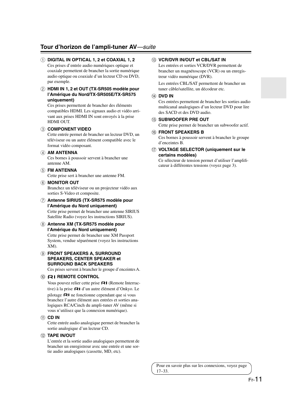 Tour d’horizon de l’ampli-tuner av —suite | Onkyo TX-SR505E User Manual | Page 11 / 140