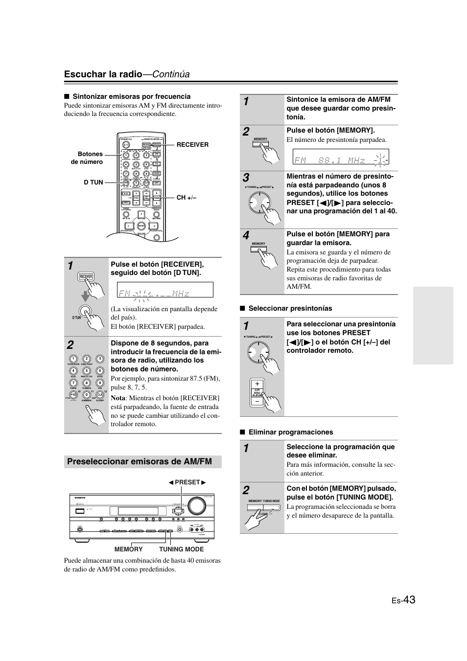 Preseleccionar emisoras de am/fm, Y (43), Tun y ent (43) | Botón ch +/– (43), Escuchar la radio —continúa | Onkyo TX-SR505E User Manual | Page 111 / 140