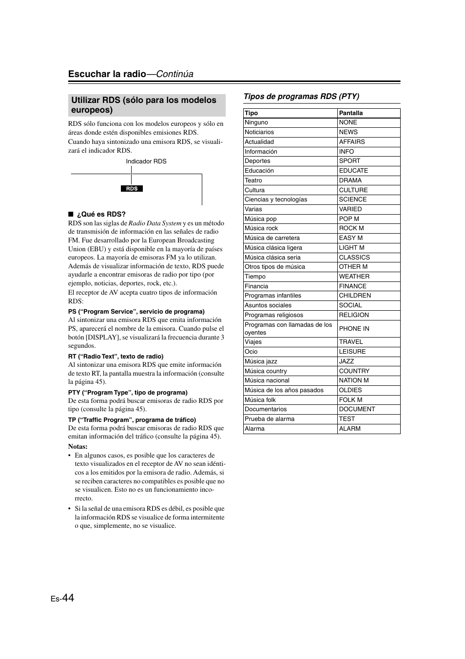 Utilizar rds (sólo para los modelos europeos), Utilizar rds (sólo para los modelos, Europeos) | Opeo) (44), Escuchar la radio —continúa | Onkyo TX-SR505E User Manual | Page 112 / 140