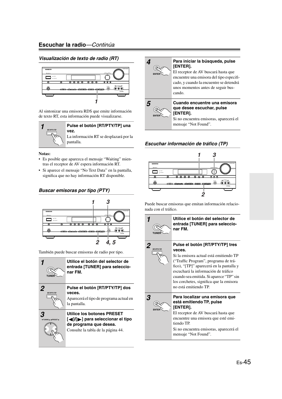 T/pty/tp (45, Escuchar la radio —continúa | Onkyo TX-SR505E User Manual | Page 113 / 140