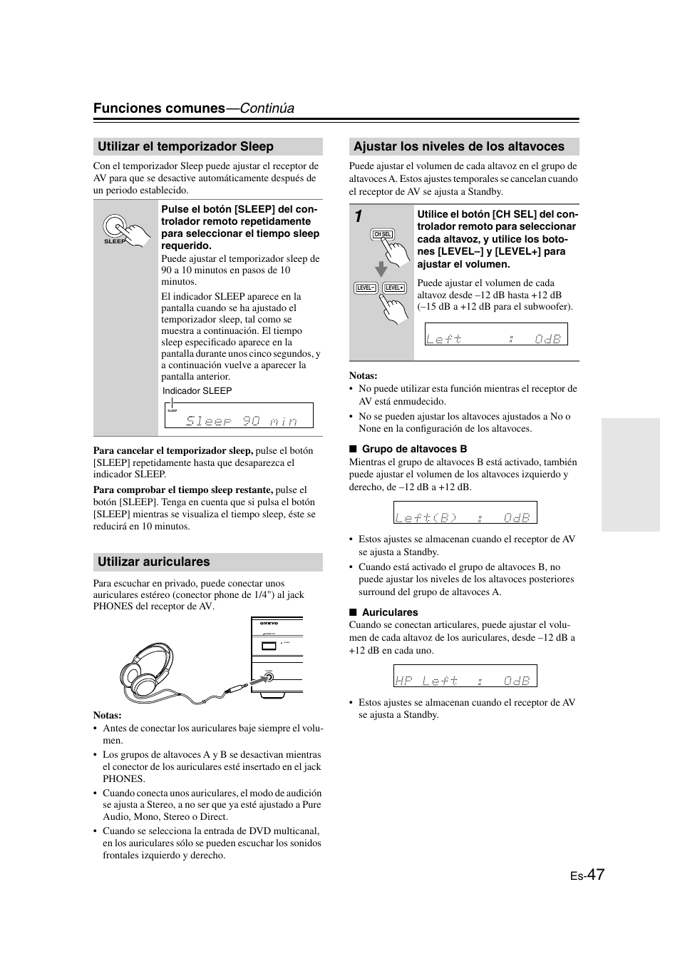 Utilizar el temporizador sleep, Utilizar auriculares, Ajustar los niveles de los altavoces | K phones (47), Indicador sleep (47), Botón sleep (47), Funciones comunes —continúa | Onkyo TX-SR505E User Manual | Page 115 / 140