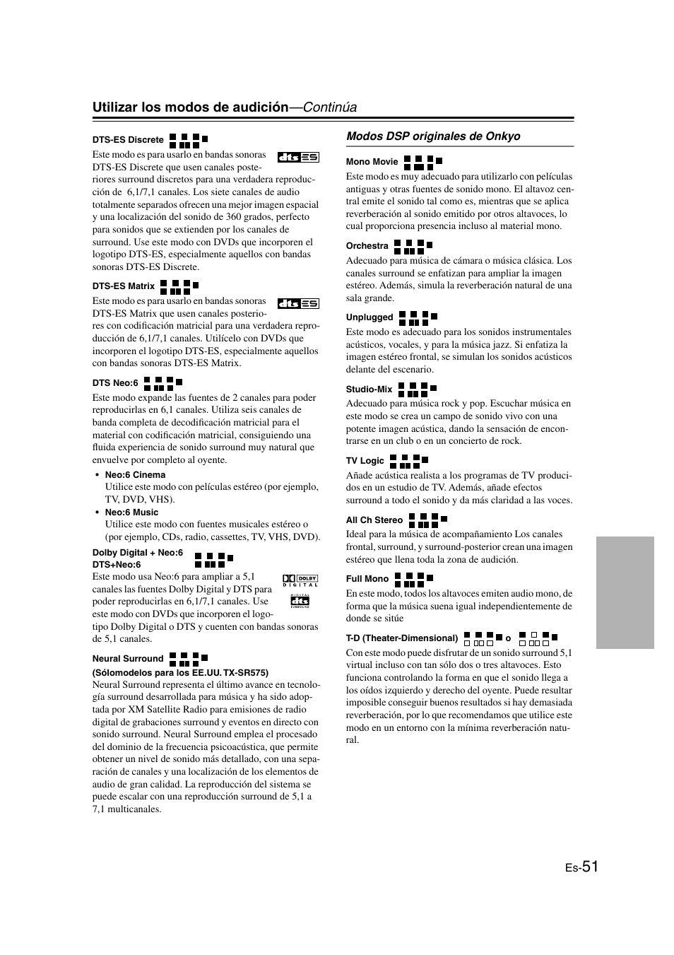 Utilizar los modos de audición —continúa | Onkyo TX-SR505E User Manual | Page 119 / 140