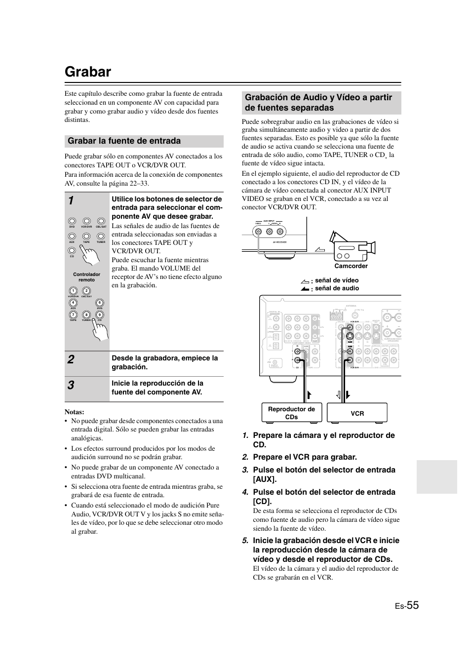 Grabar, Grabar la fuente de entrada, Funcionamiento avanzado ......es-55 | Desde la grabadora, empiece la grabación | Onkyo TX-SR505E User Manual | Page 123 / 140