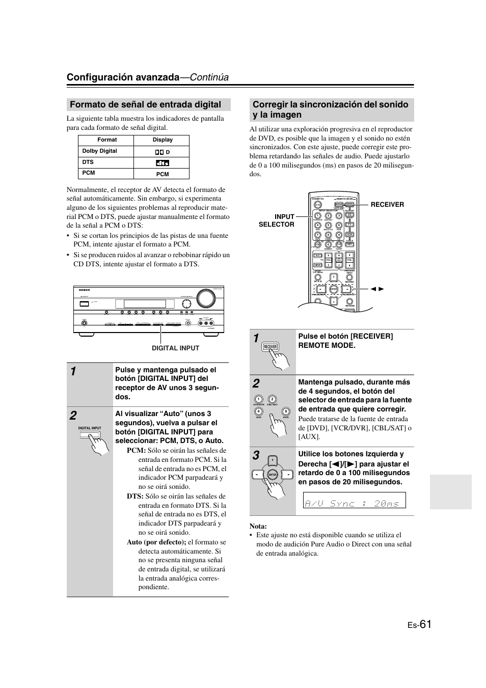 Formato de señal de entrada digital, Corregir la sincronización del sonido y la imagen, Imagen | Configuración avanzada —continúa, Pulse el botón [receiver] remote mode | Onkyo TX-SR505E User Manual | Page 129 / 140