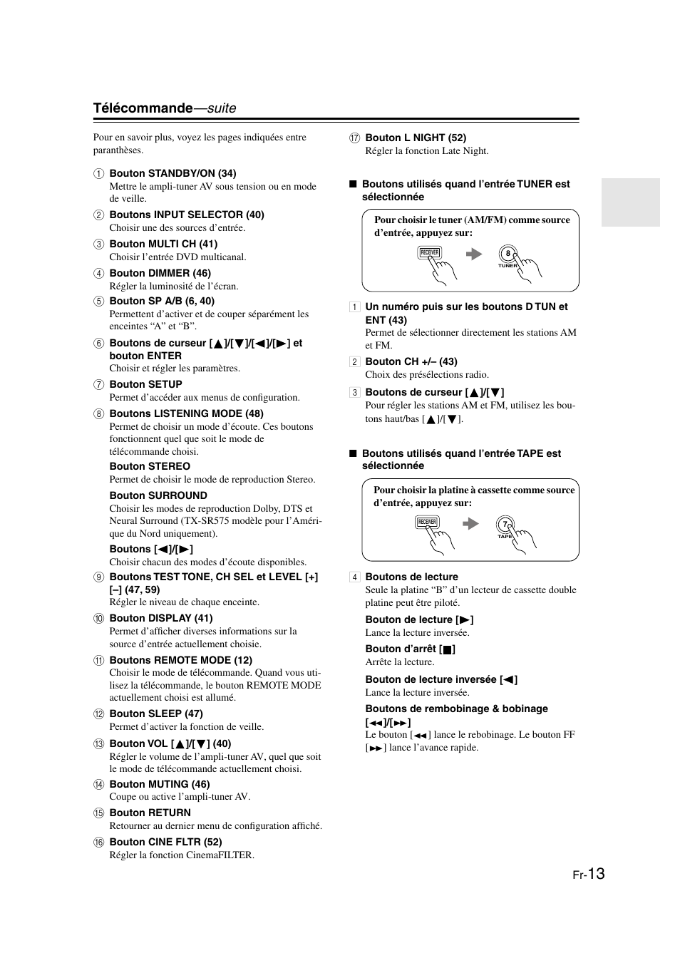 Télécommande —suite | Onkyo TX-SR505E User Manual | Page 13 / 140