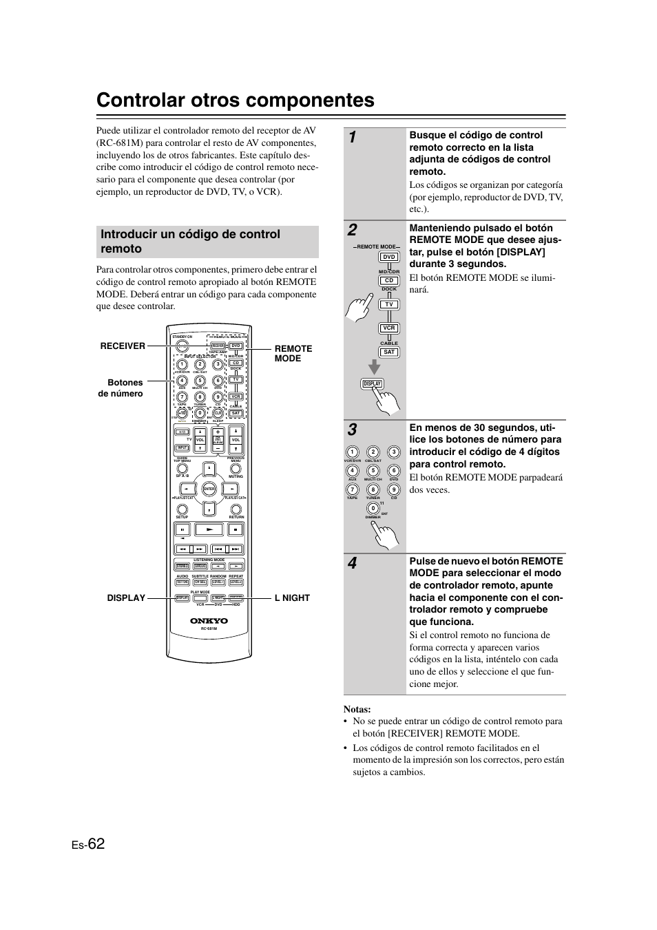 Controlar otros componentes, Introducir un código de control remoto | Onkyo TX-SR505E User Manual | Page 130 / 140