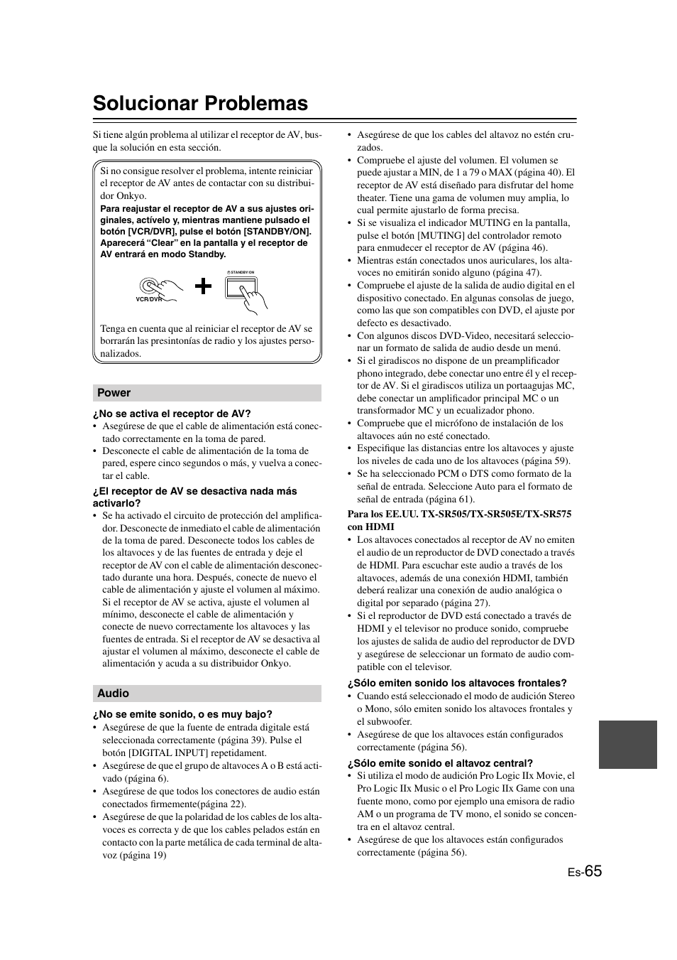 Solucionar problemas, Solucionar problemas .............es-65 | Onkyo TX-SR505E User Manual | Page 133 / 140