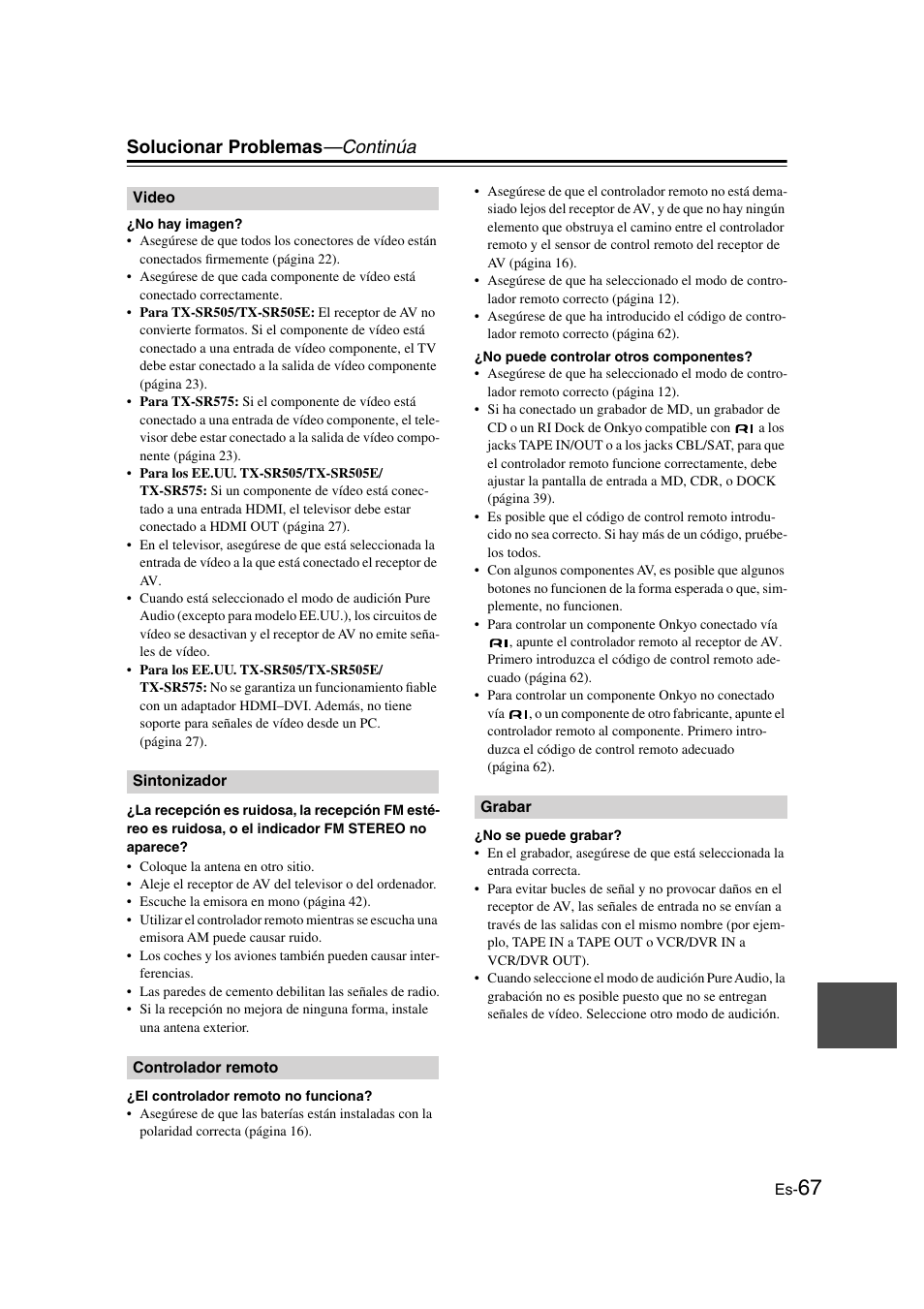 Solucionar problemas —continúa | Onkyo TX-SR505E User Manual | Page 135 / 140