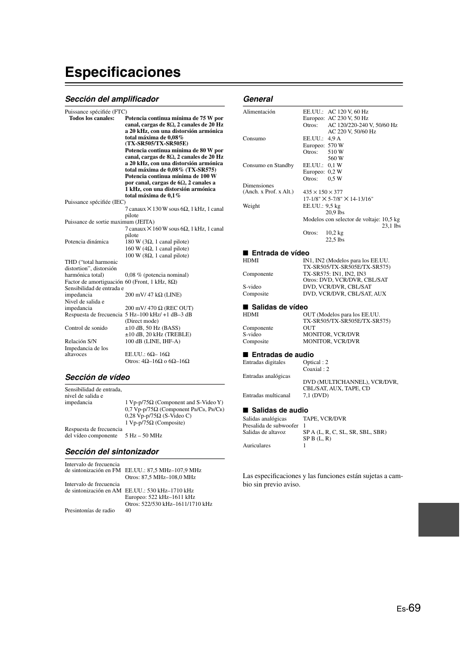 Especificaciones | Onkyo TX-SR505E User Manual | Page 137 / 140