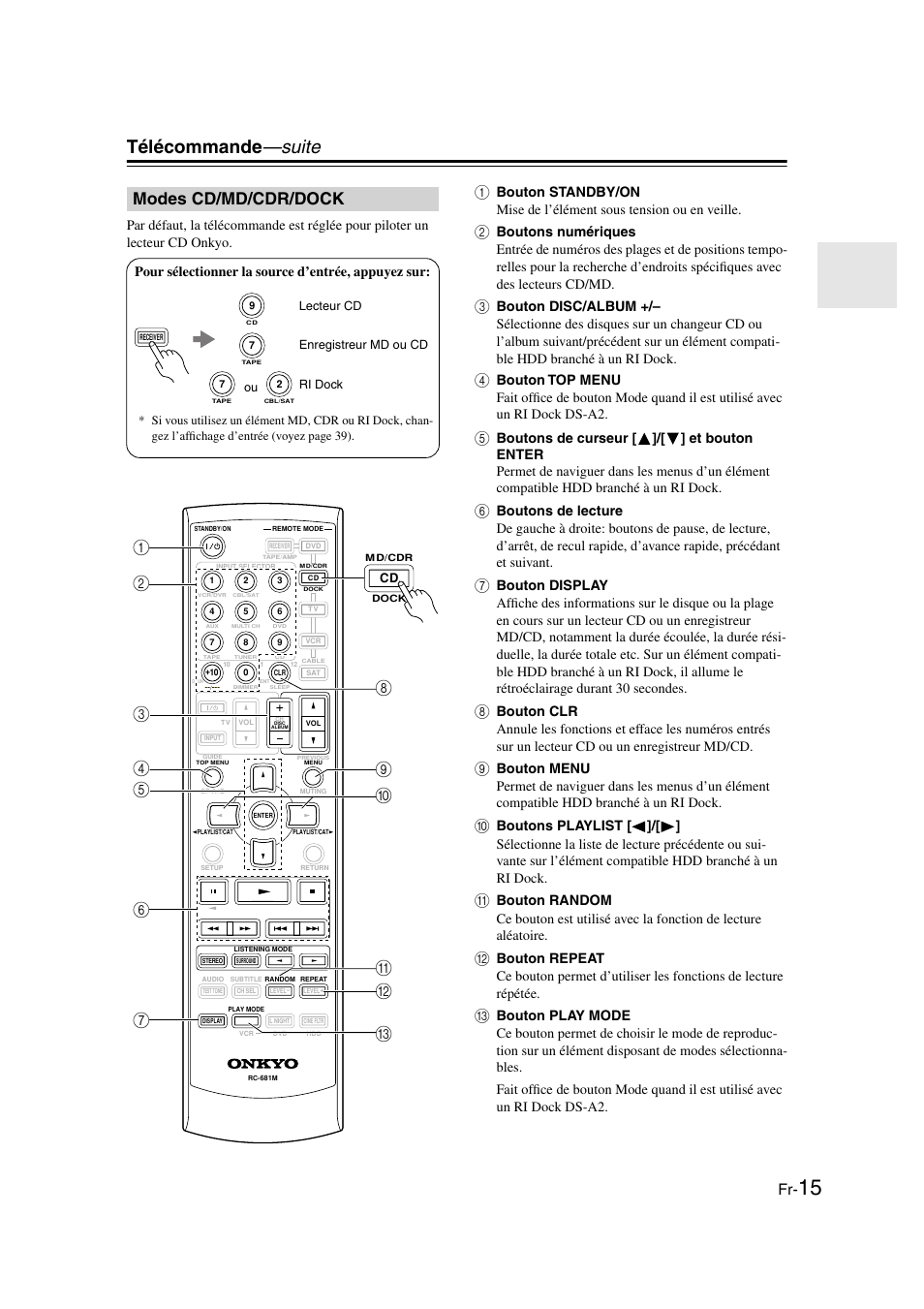 Modes cd/md/cdr/dock, Télécommande —suite, J4 5 | Pour sélectionner la source d’entrée, appuyez sur | Onkyo TX-SR505E User Manual | Page 15 / 140