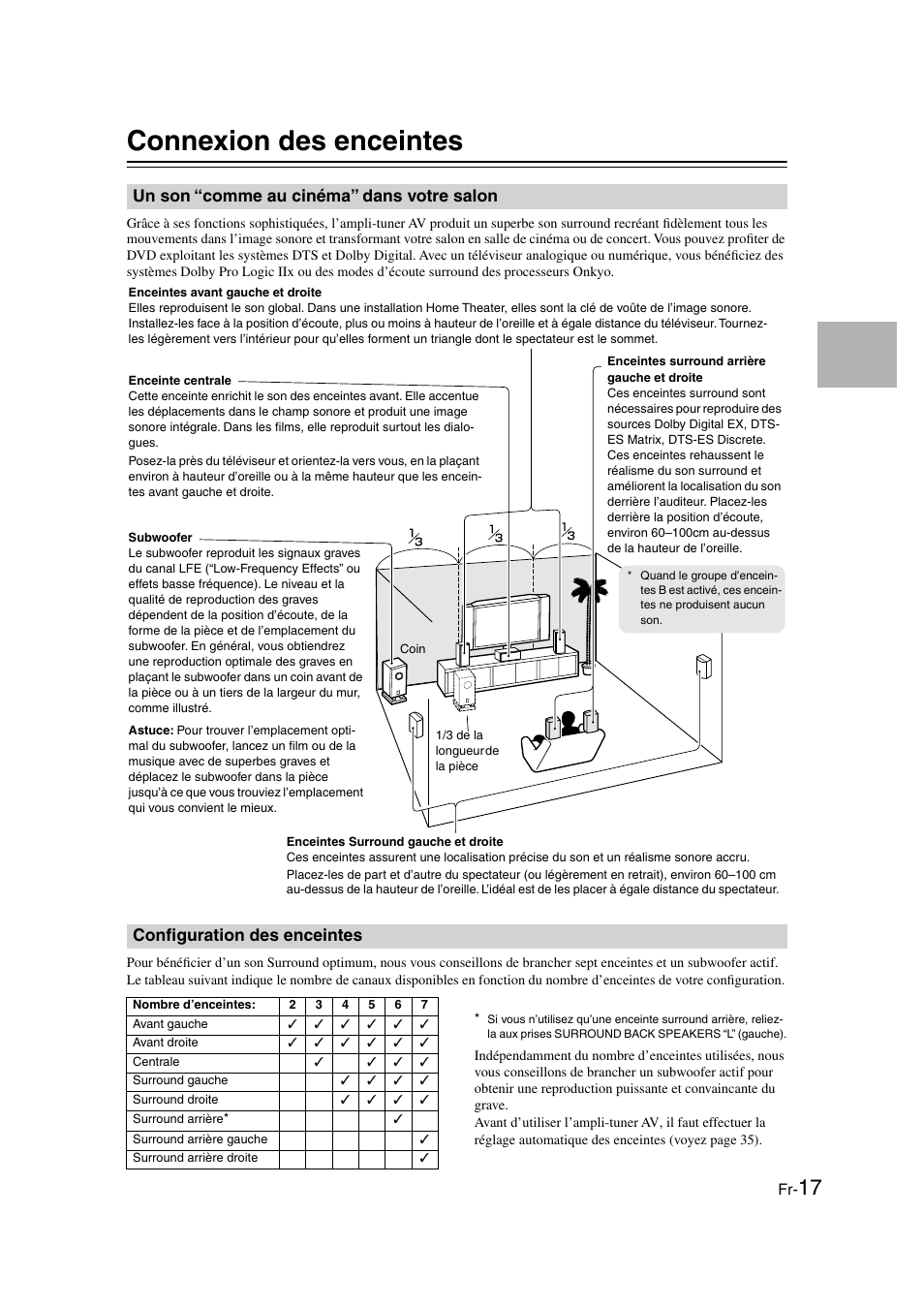 Connexion des enceintes, Un son “comme au cinéma” dans votre salon, Configuration des enceintes | Connexions................................fr-17 | Onkyo TX-SR505E User Manual | Page 17 / 140