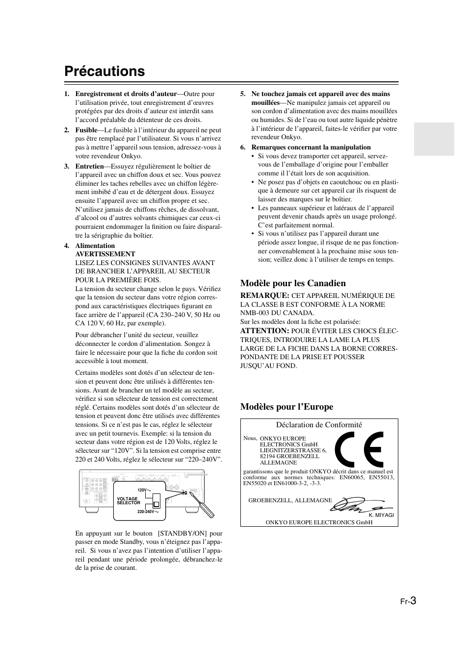 Précautions, Modèle pour les canadien, Modèles pour l’europe | Onkyo TX-SR505E User Manual | Page 3 / 140