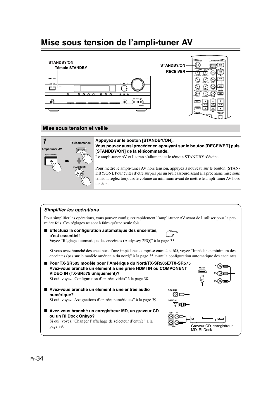 Mise sous tension de l’ampli-tuner av, Mise sous tension et veille, Mise sous tension | Première utilisation ...............fr-34, Andby/on (34), Andby (34), Simplifier les opérations, Clear, Standby/on, Receiver standby/on témoin standby | Onkyo TX-SR505E User Manual | Page 34 / 140