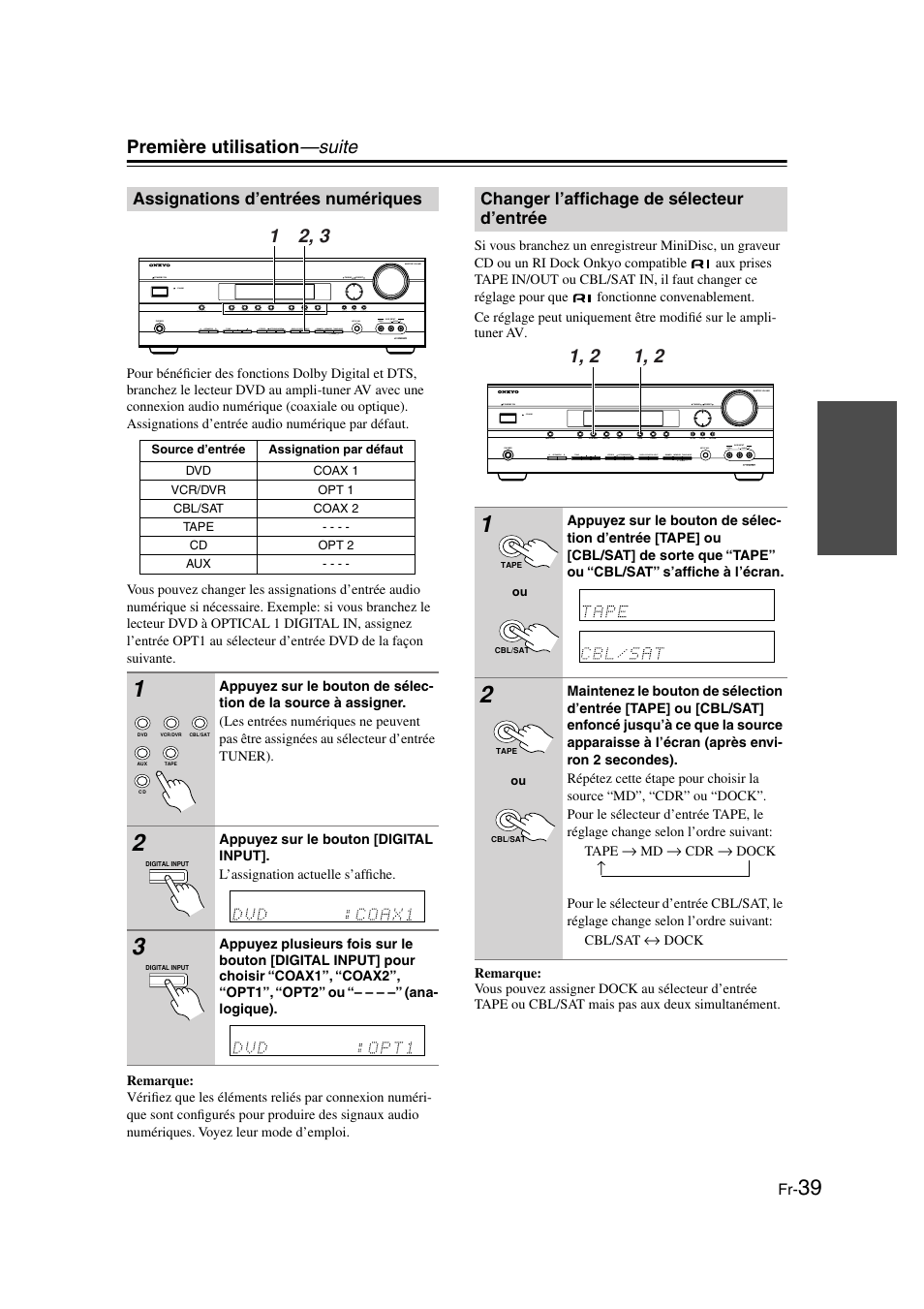 Assignations d’entrées numériques, Changer l’affichage de sélecteur d’entrée, Al input (39 | Première utilisation —suite | Onkyo TX-SR505E User Manual | Page 39 / 140