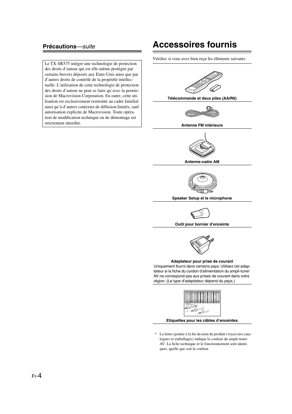 Accessoires fournis, Précautions —suite, Speaker cable | Onkyo TX-SR505E User Manual | Page 4 / 140