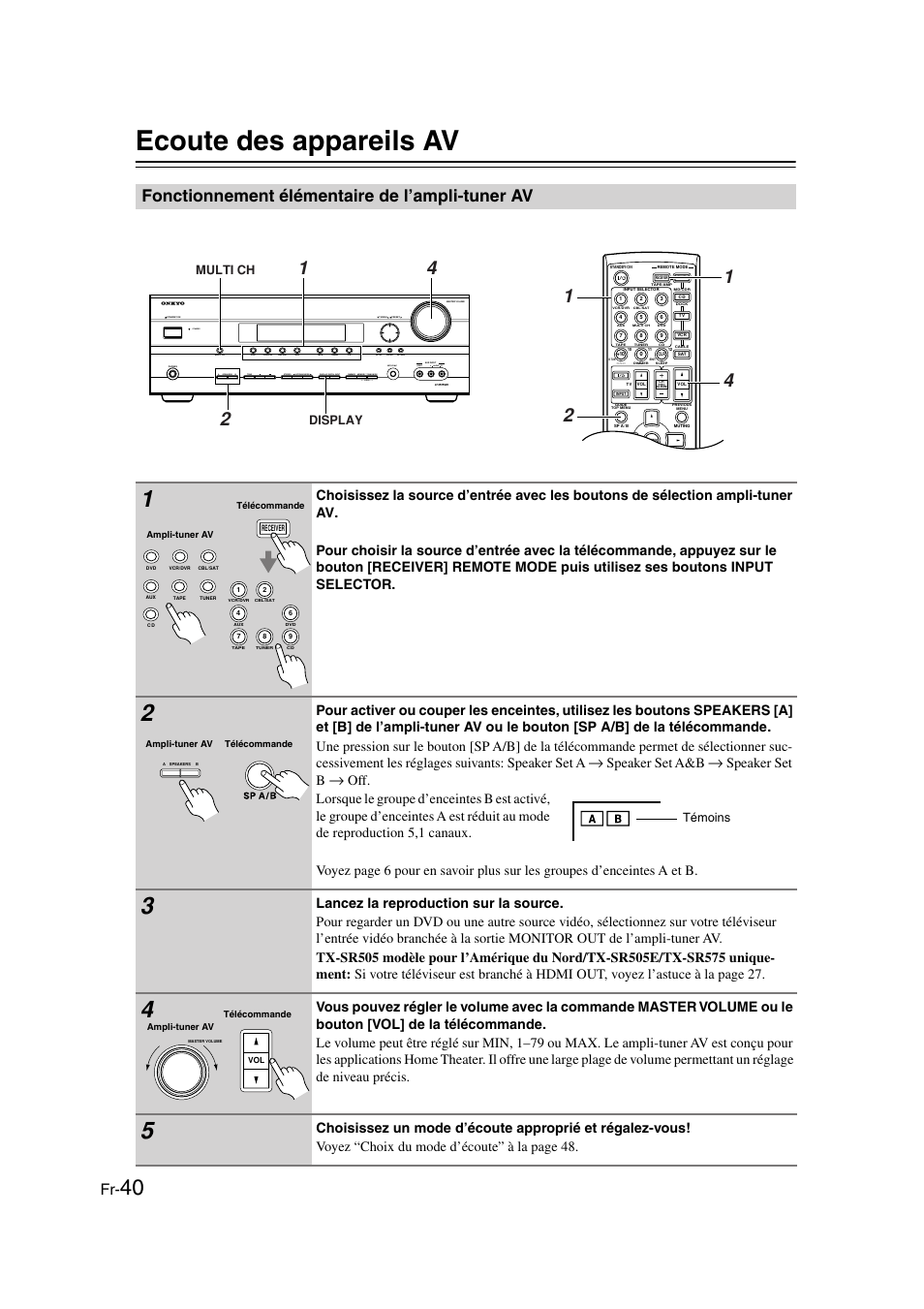 Ecoute des appareils av, Fonctionnement élémentaire de l’ampli-tuner av, Ecoute des appareils av..........fr-40 | Fonctionnement élémentaire, De l’ampli-tuner av, Boutons de sélection d’entrée (40), Olume (40), Or (40), Speaker set a&b, Speaker set b | Onkyo TX-SR505E User Manual | Page 40 / 140