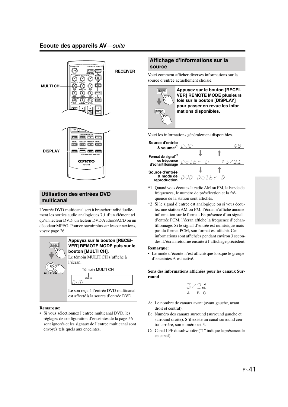 Utilisation des entrées dvd multicanal, Affichage d’informations sur la source, Y (41) | Ti ch (41), Ecoute des appareils av —suite, Display receiver multi ch, Témoin multi ch, Source d’entrée & volume, Format de signal | Onkyo TX-SR505E User Manual | Page 41 / 140