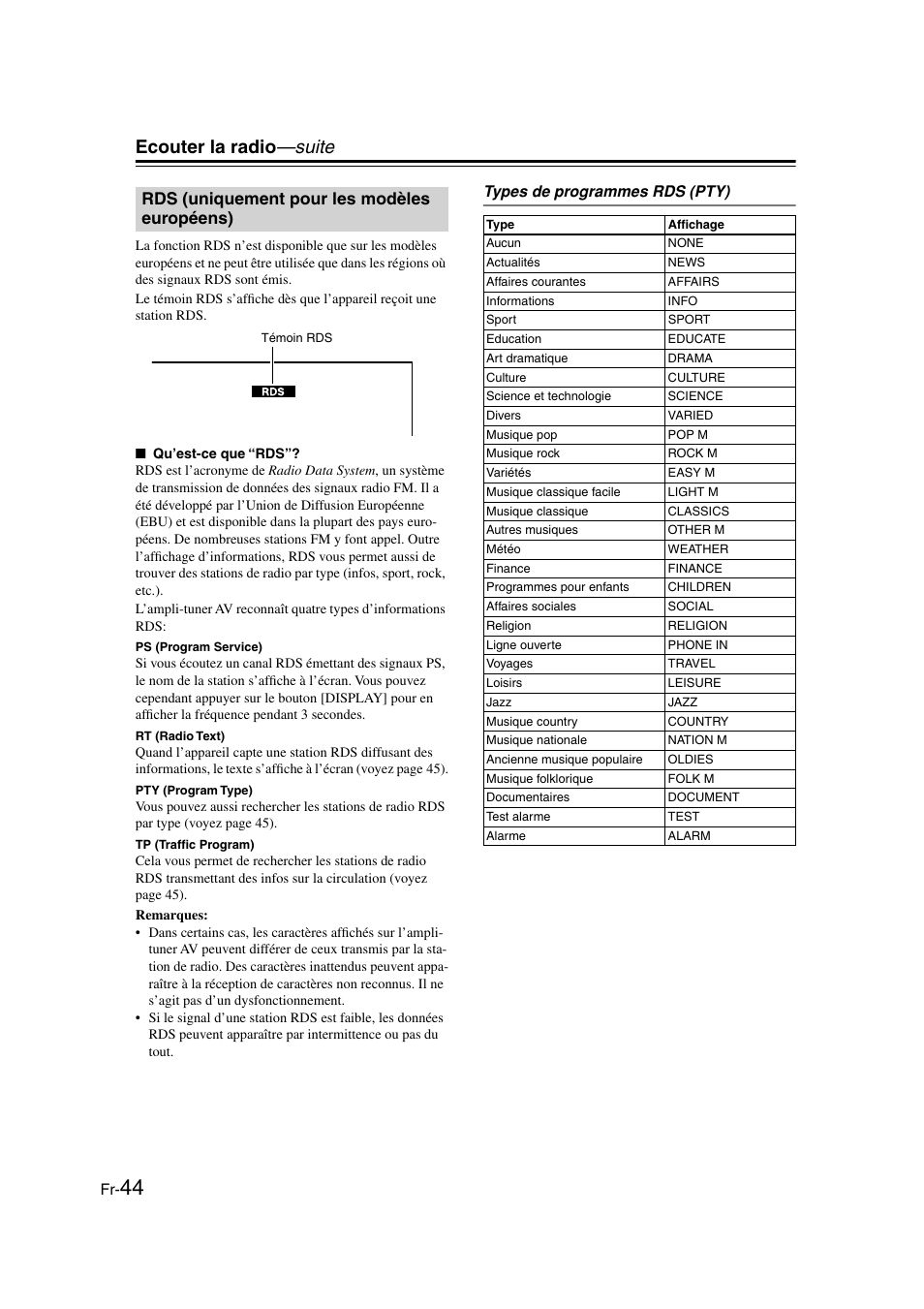 Rds (uniquement pour les modèles européens), Rds (uniquement pour les modèles, Européens) | Ecouter la radio —suite | Onkyo TX-SR505E User Manual | Page 44 / 140