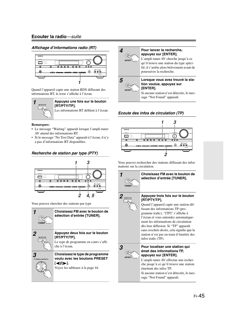 T/pty/tp (45, Ecouter la radio —suite | Onkyo TX-SR505E User Manual | Page 45 / 140