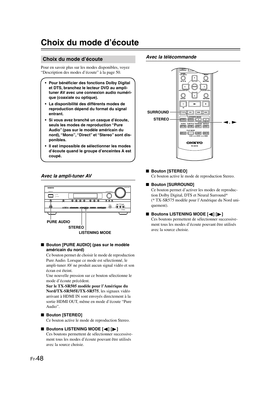 Choix du mode d’écoute, Utilisation des modes de, Reproduction...........................fr-48 | Bouton stereo (48), Udio (48), Boutons listening mode (48), Avec la ampli-tuner av, Avec la télécommande | Onkyo TX-SR505E User Manual | Page 48 / 140