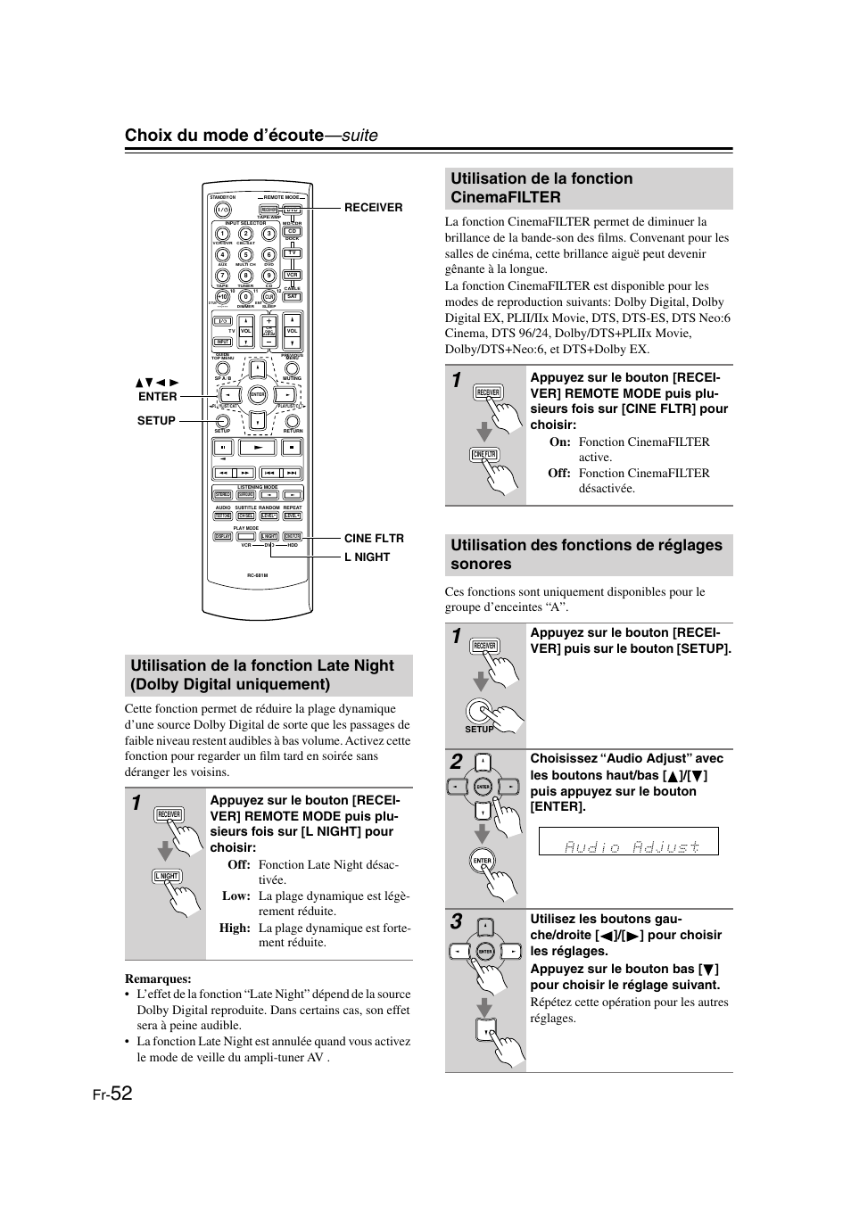 Utilisation de la fonction cinemafilter, Utilisation des fonctions de réglages sonores, Utilisation de la fonction late night | Dolby digital uniquement), Sonores, Tr (52), Bouton l night (52), Choix du mode d’écoute —suite | Onkyo TX-SR505E User Manual | Page 52 / 140
