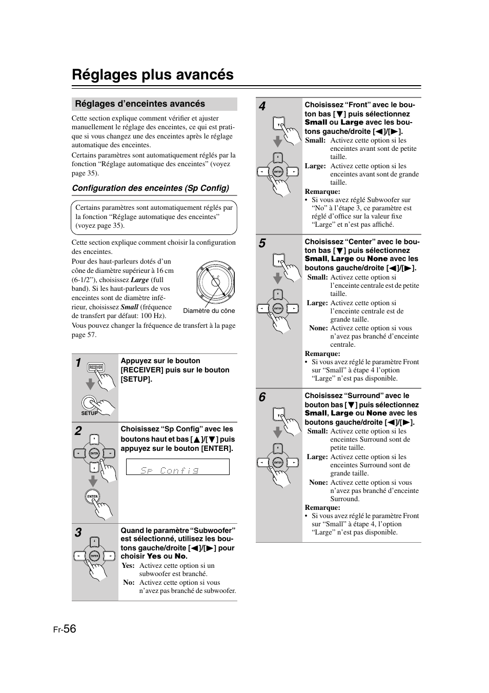 Réglages plus avancés, Réglages d’enceintes avancés | Onkyo TX-SR505E User Manual | Page 56 / 140