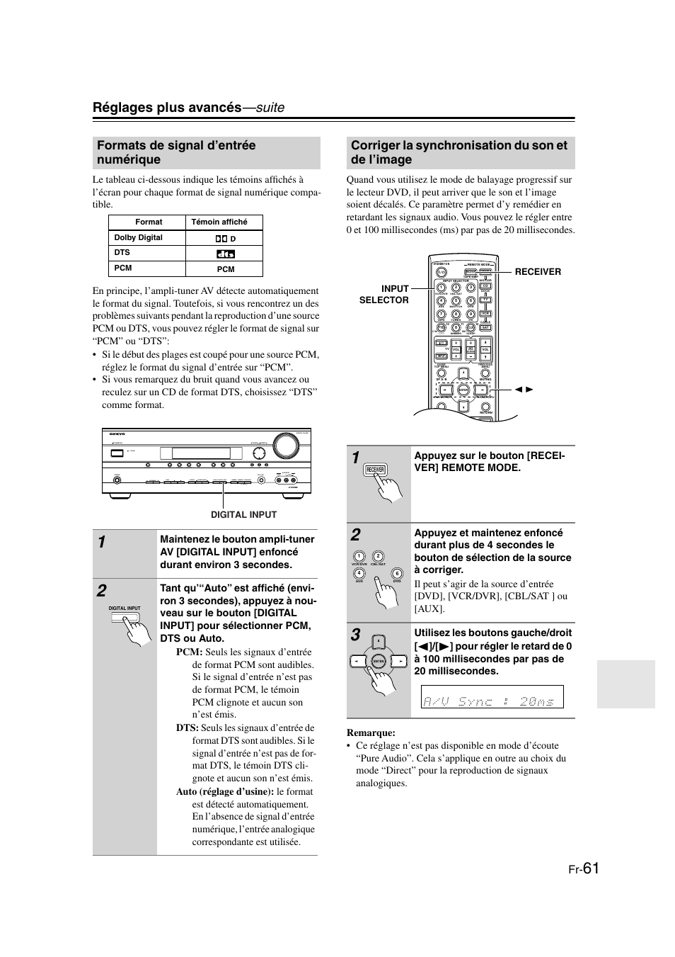 Formats de signal d’entrée numérique, Corriger la synchronisation du son et de l’image, Et de l’image | Réglages plus avancés —suite, Appuyez sur le bouton [recei- ver] remote mode | Onkyo TX-SR505E User Manual | Page 61 / 140