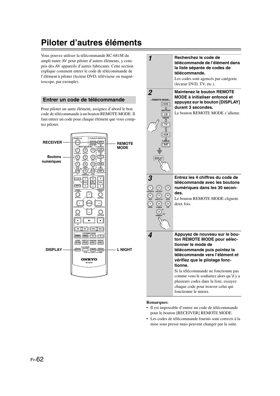 Piloter d’autres éléments, Entrer un code de télécommande | Onkyo TX-SR505E User Manual | Page 62 / 140